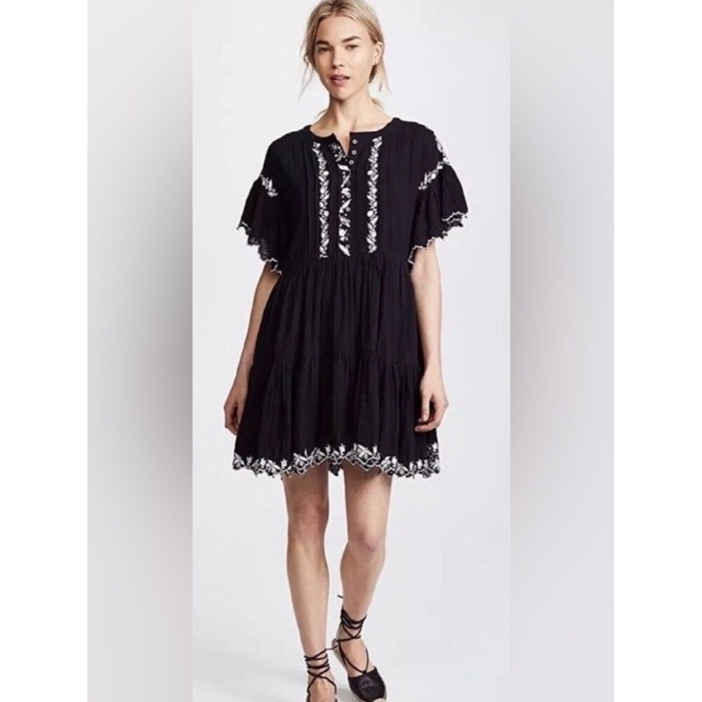 FREE PEOPLE Santiago Mini Dress Gauze Embroidered Cotton Black medium